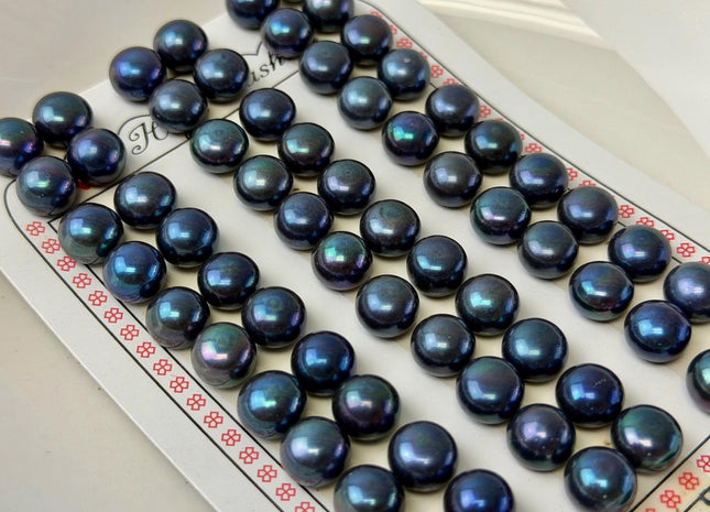 AAAA One Pair 9-9.5 mm Top Quality High Luster Round Button Half Drilled Freshwater Pearls Blue Peacock Freshwater Pearls #1626-C