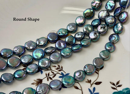 9-11 mm AA Blue Peacock Color Coin Freshwater Pearls High Luster Cultured Round Tear Drop Coin Beads #P3573