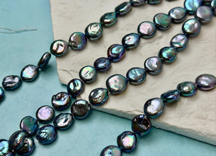 9-11 mm AA Blue Peacock Color Coin Freshwater Pearls High Luster Cultured Round Tear Drop Coin Beads #P3573