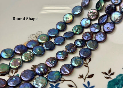 10-11 mm AA Blue Peacock Color Coin Freshwater Pearls High Luster Cultured Flat Round Tear Drop Coin Beads #P3579