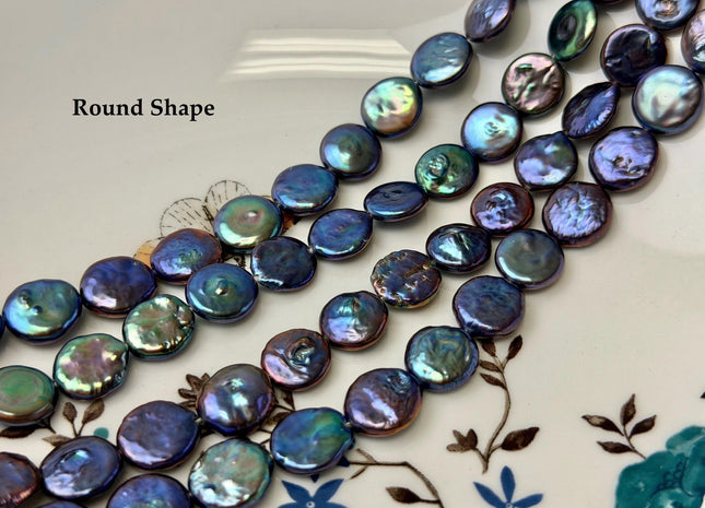 10-11 mm AA Blue Peacock Color Coin Freshwater Pearls High Luster Cultured Flat Round Tear Drop Coin Beads #P3579
