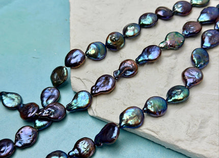 10-11 mm AA Blue Peacock Color Coin Freshwater Pearls High Luster Cultured Flat Round Tear Drop Coin Beads #P3579