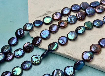 10-11 mm AA Blue Peacock Color Coin Freshwater Pearls High Luster Cultured Flat Round Tear Drop Coin Beads #P3579