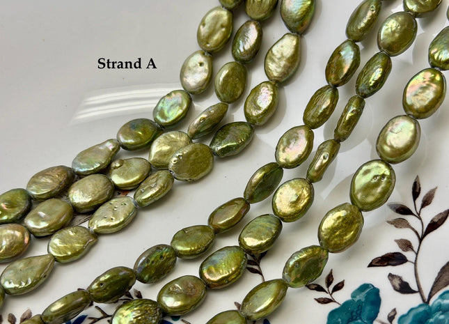 9-10x12-15 mm Half Strand Large Hole Sage Green Oval Flat Coin Pearl Hole Size 1.5mm 2.2mm Freshwater Coin Pearl 14 Beads #P2841