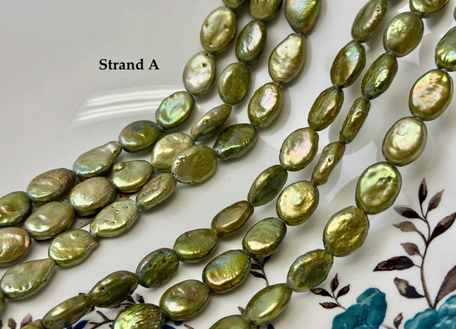 9-10x12-15 mm Half Strand Large Hole Sage Green Oval Flat Coin Pearl Hole Size 1.5mm 2.2mm Freshwater Coin Pearl 14 Beads #P2841