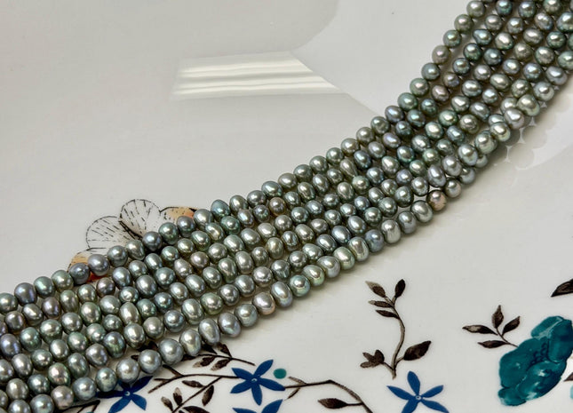 4-5 mm AA Sage Green Color Potato Freshwater Pearls Green With Iridescent Gray Color Genuine Small Seed Pearl Beads 16 Inch Strand #P3592
