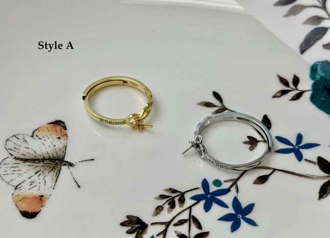 One Piece 925 Sterling Silver or Gold Adjustable Ring For Pearl Setting With Cubic Zirconia Dainty Floral Design #10397