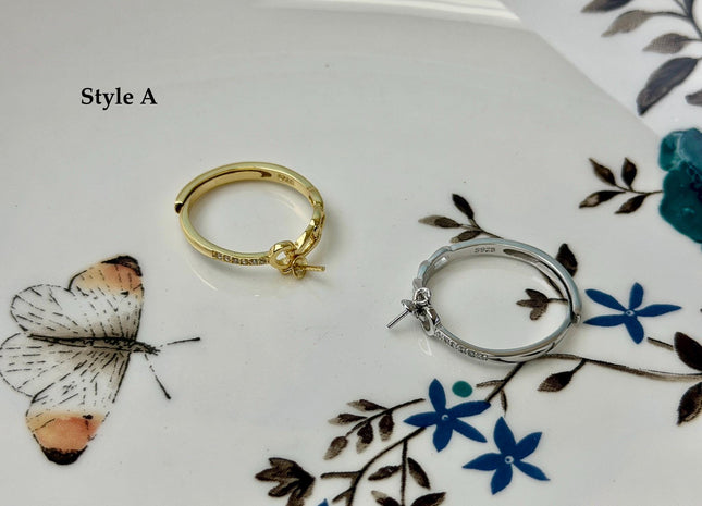 One Piece 925 Sterling Silver or Gold Adjustable Ring For Pearl Setting With Cubic Zirconia Dainty Floral Design #10397