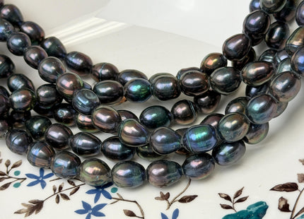 8-9x11-12 mm Large Hole Half Strand Navy Peacock Color Rice Freshwater Pearl Beads Hole Size 2.2 mm Genuine Large Hole Pearls #1701