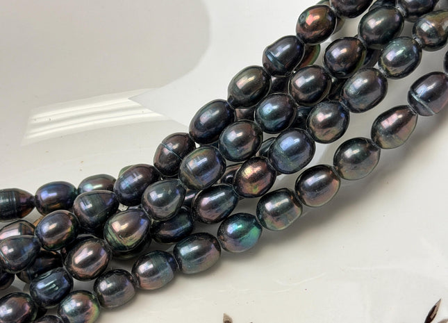 8-9x11-12 mm Large Hole Half Strand Navy Peacock Color Rice Freshwater Pearl Beads Hole Size 2.2 mm Genuine Large Hole Pearls #1701