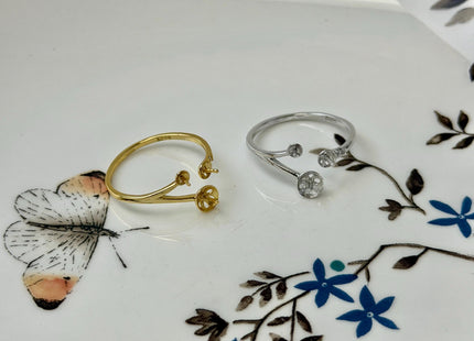 One Piece 925 Sterling Silver or Gold Adjustable Ring For Pearl Setting Dainty Floral Design #10398