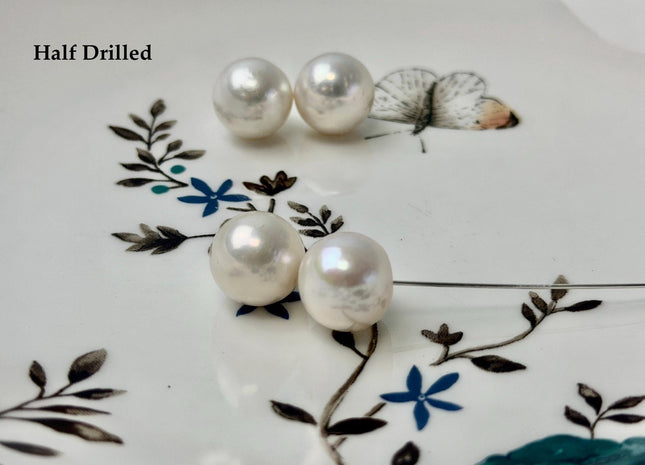 One Pair 12 mm AAA Natural White Round Edison Freshwater Pearl Full/Half Drilled Earring High Luster Pearl For Matching Earrings #P3597