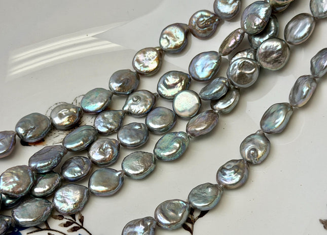 9-10 mm AAA Silver Gray Coin Freshwater Pearl Beads Genuine Cultured High Luster Quality Freshwater Coin Pearls #P3608