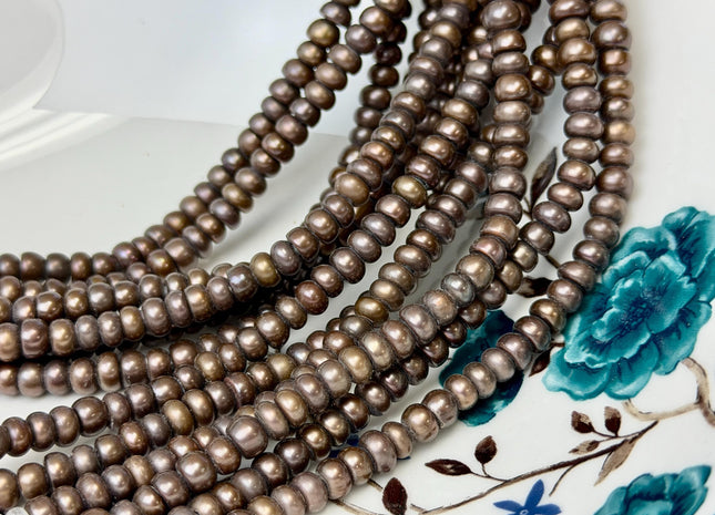 5-6 mm AA Large Hole Half Strand Rare Matte Chocolate Brown Color Round Button Rondelle Freshwater Pearls Hole Size 2.1mm Pearl Beads #1959
