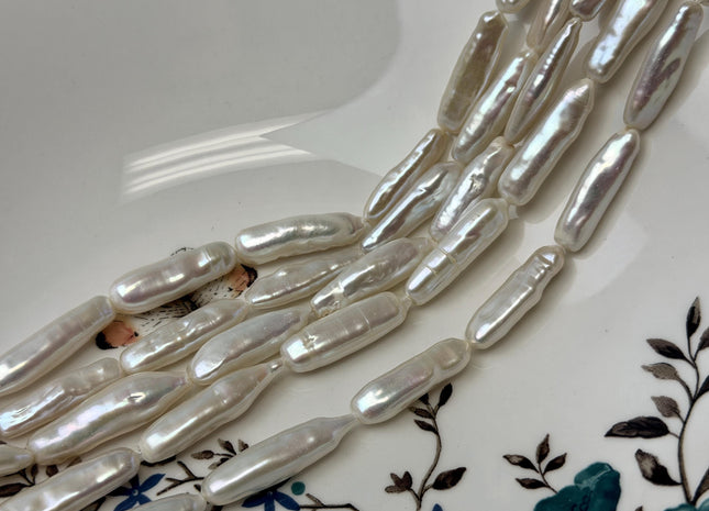 6-8x23-28 mm AA Natural White Biwa Stick Freshwater Pearls Genuine High Luster Long Stick Pearls 15 Beads #P3620