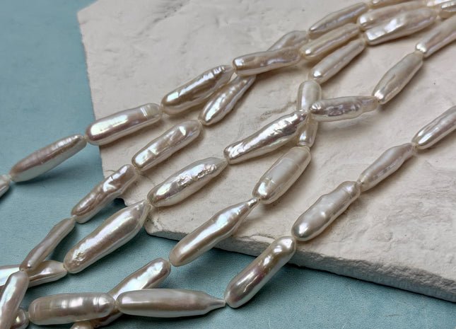 6-8x23-28 mm AA Natural White Biwa Stick Freshwater Pearls Genuine High Luster Long Stick Pearls 15 Beads #P3620