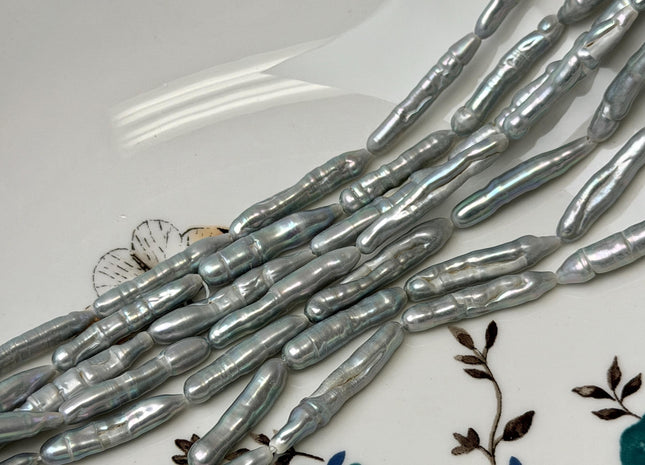 4-5x23-30 mm Silver Gray Biwa Stick Freshwater Pearls Genuine Long Stick Pearls 16 Beads #P3621