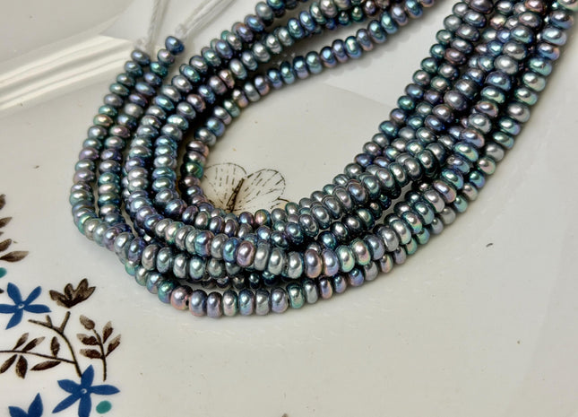 2.5x4-5 mm AAA Large Hole Half Strand Peacock Round Button/Rondelle Freshwater Pearls 1.5mm Hole Size 68 Beads #P3612