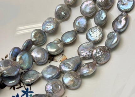 15-17 mm Half Strand Silver Gray Round Coin Pearls Large 2.0mm Hole Freshwater Coin Pearl Beads #P3614