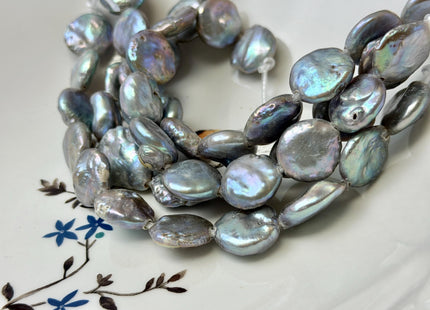 15-17 mm Half Strand Silver Gray Round Coin Pearls Large 2.0mm Hole Freshwater Coin Pearl Beads #P3614
