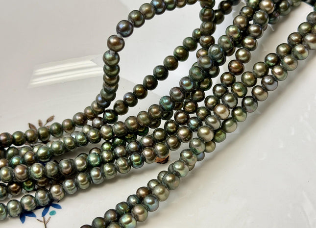 6-6.5 mm Half Strand Dark Olive Green Potato Pearls Large Hole Size 2.0mm Genuine Freshwater Pearl 37 Beads #P3615
