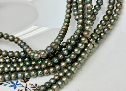 6-6.5 mm Half Strand Dark Olive Green Potato Pearls Large Hole Size 2.0mm Genuine Freshwater Pearl 37 Beads #P3615