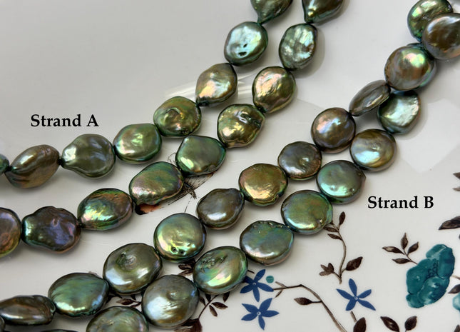 14-15x18 mm AA Olive Green Color Flat Coin Freshwater Pearl Beads Genuine High Luster Round Coin Pearls 23-24 Beads #P3627