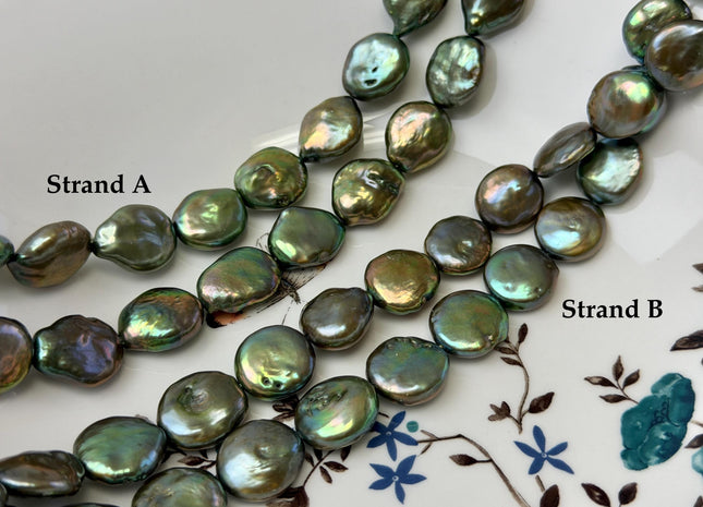 14-15x18 mm AA Olive Green Color Flat Coin Freshwater Pearl Beads Genuine High Luster Round Coin Pearls 23-24 Beads #P3627