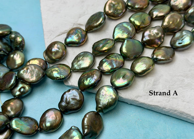 14-15x18 mm AA Olive Green Color Flat Coin Freshwater Pearl Beads Genuine High Luster Round Coin Pearls 23-24 Beads #P3627