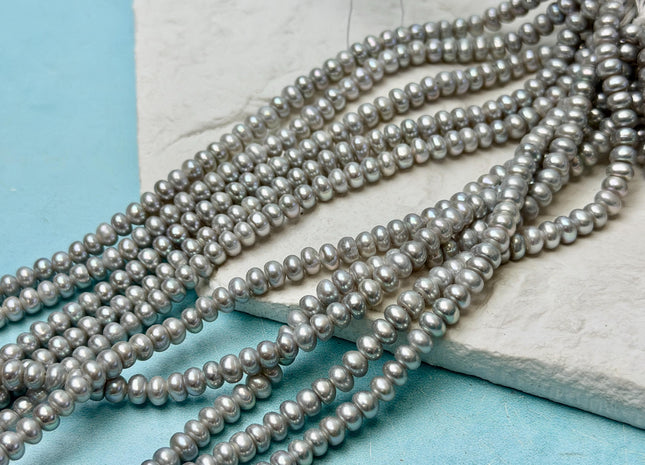 5 mm AA Large Hole Silver Gray Half Strand Round Button Rondelle Freshwater Pearls Hole Size 1.2mm 1.5mm Freshwater Pearl 50 Beads #P3630