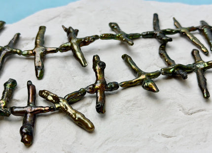 20-25x30-40mm Dark Sage Green Cross Freshwater Pearl Beads Green With Gold Sheen Cross Pearl 16 Beads B Grade #P3633