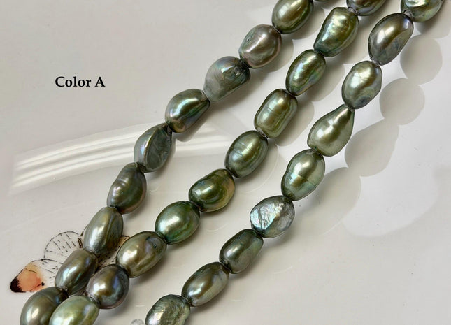 8.5-9x10-12mm AA Large Hole Sage Green Color Rice Nugget Shape Pearls 2.1mm Hole Freshwater Pearl Beads #790