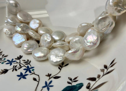 16-18mm AA Half Strand Natural White Thick Round Coin Freshwater Pearls 2.1mm Large Hole High Luster Beads #P3642