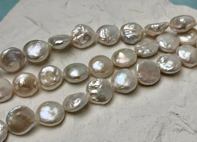 16-18mm AA Half Strand Natural White Thick Round Coin Freshwater Pearls 2.1mm Large Hole High Luster Beads #P3642