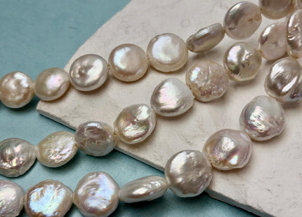 16-18mm AA Half Strand Natural White Thick Round Coin Freshwater Pearls 2.1mm Large Hole High Luster Beads #P3642