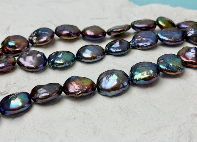 14-15 mm AA Half Strand Blue Peacock Color Coin Freshwater Pearls High Luster Cultured Round Tear Drop Coin Beads #P3645