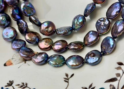 14-15 mm AA Half Strand Blue Peacock Color Coin Freshwater Pearls High Luster Cultured Round Tear Drop Coin Beads #P3645