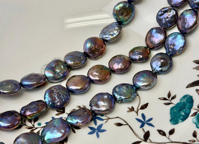 14-15 mm AA Half Strand Blue Peacock Color Coin Freshwater Pearls High Luster Cultured Round Tear Drop Coin Beads #P3645