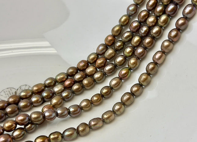 5-5.5x6-7 mm AA Half Strand Dark Taupe Brown Rice Freshwater Pearl Beads Large Hole Size 1.5mm 30 Beads #P3660