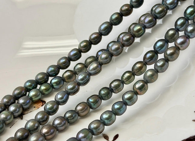 6x7 mm AA Half Strand Dark Olive Green Rice Freshwater Pearl Beads Large Hole Size 2.1mm 27 Beads #P3662