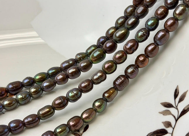 6-6.5x7-8 mm Half Strand Brown With Green Sheen Rice Freshwater Pearl Beads Large Hole Size 2.1mm 26 Beads #P3664