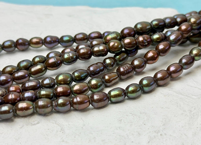 6-6.5x7-8 mm Half Strand Brown With Green Sheen Rice Freshwater Pearl Beads Large Hole Size 2.1mm 26 Beads #P3664