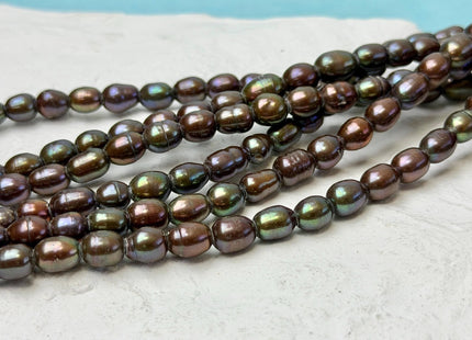 6-6.5x7-8 mm Half Strand Brown With Green Sheen Rice Freshwater Pearl Beads Large Hole Size 2.1mm 26 Beads #P3664