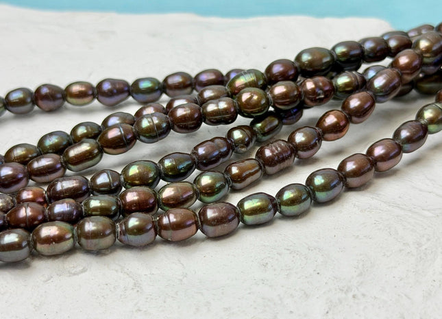 6-6.5x7-8 mm Half Strand Brown With Green Sheen Rice Freshwater Pearl Beads Large Hole Size 2.1mm 26 Beads #P3664