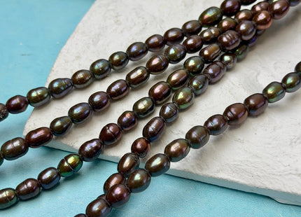 6-6.5x7-8 mm Half Strand Brown With Green Sheen Rice Freshwater Pearl Beads Large Hole Size 2.1mm 26 Beads #P3664