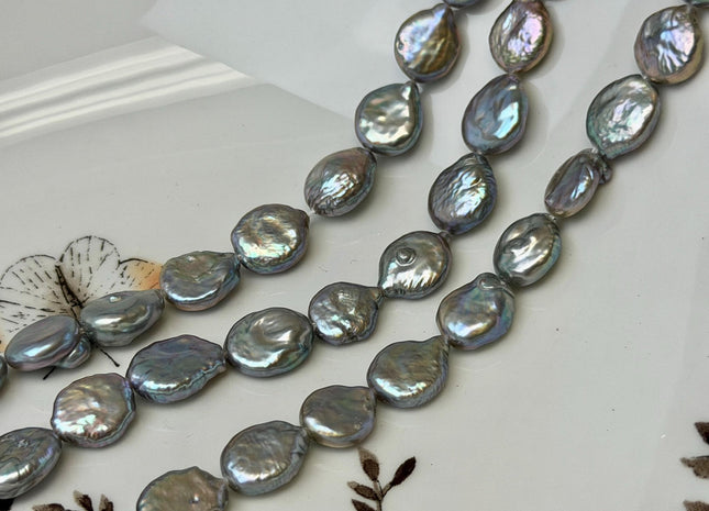 9-10 mm AAA Silver Gray Coin Freshwater Pearl Beads Genuine Cultured High Luster Quality Freshwater Teardrop Coin Pearls #P3670