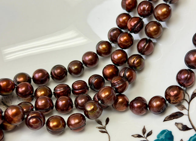 40 Inches Hand Knotted 9-10 mm Potato Burgundy Brown Color Freshwater Pearl Necklaces Long Pearl Necklace #P3675