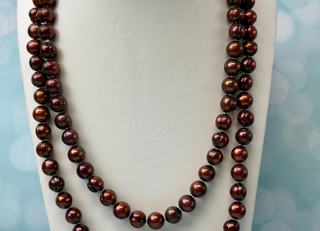 40 Inches Hand Knotted 9-10 mm Potato Burgundy Brown Color Freshwater Pearl Necklaces Long Pearl Necklace #P3675