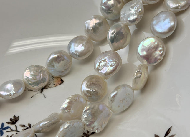 17-18mm AA Half Strand Natural White Thick Round Coin Freshwater Pearls 2.1mm Large Hole High Luster Beads #P3706