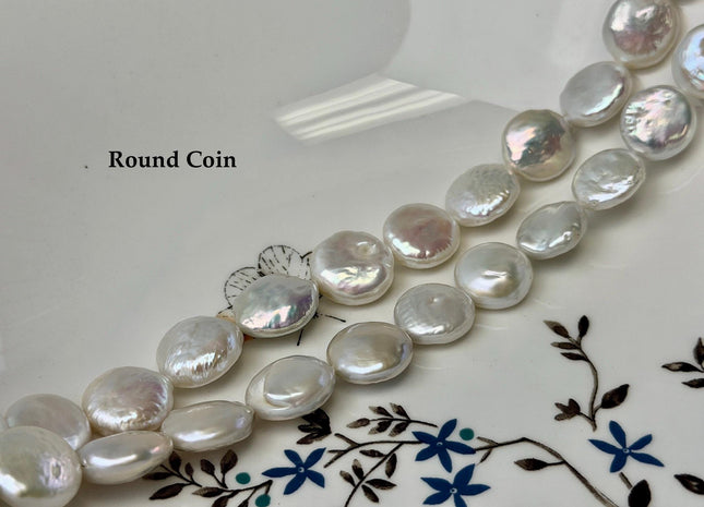 13-15mm AA Natural White Large Coin Baroque Freshwater Pearls High Luster Freshwater Coin Pearl Beads #P3587